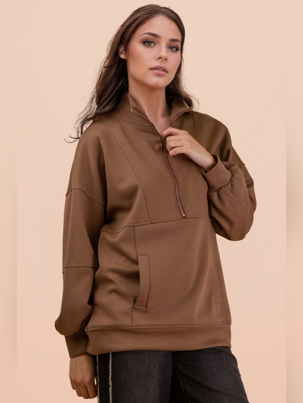 NWT - VeryJ Overwized Half-Zip Pullover Sweatshirt - Mocha